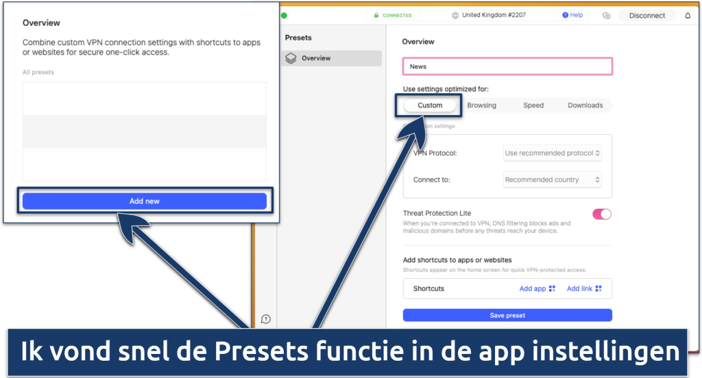 Screenshot van de Presets functie in de NordVPN-app