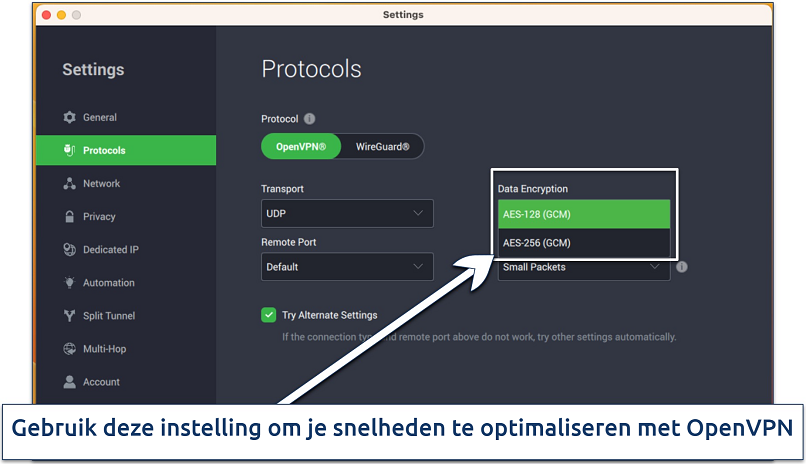 Screenshot van de instellingen van PIA om encryptie en protocollen aan te passen