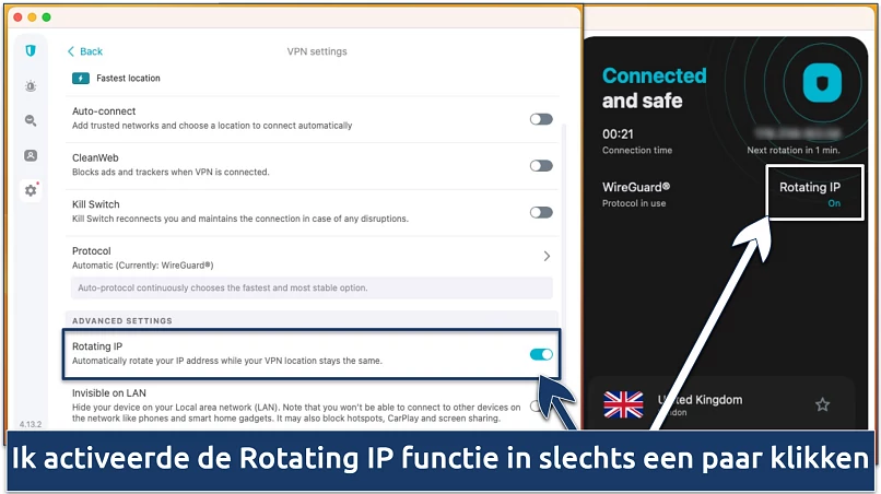 Schermafbeelding van de Rotating IP-functie in de Surfshark-app