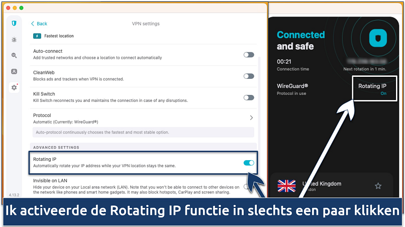 Schermafbeelding van de Rotating IP-functie in de Surfshark-app
