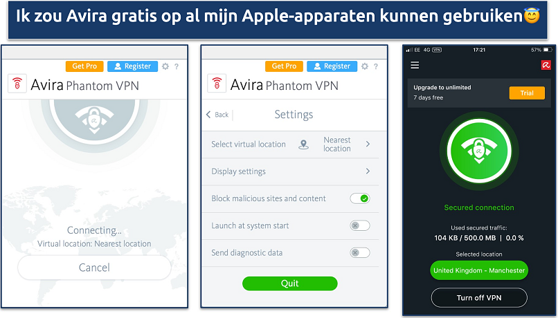 Screenshots showing the Avira Phantom macOS and iOS apps