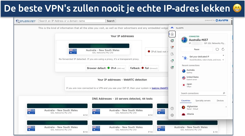 Screenshot of NordVPN's Windows app connected to the Australia Sydney server while leak tests are performed on ipleak.net
