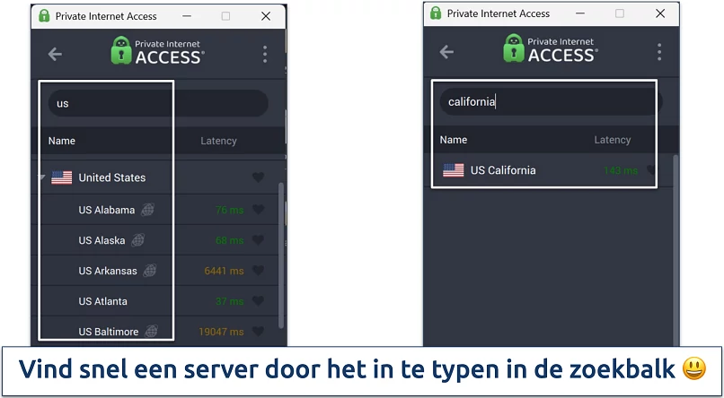 Screenshot of Private Internet Access' Windows app highlighting how to use the server search bar