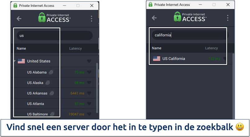 Screenshot of Private Internet Access' Windows app highlighting how to use the server search bar