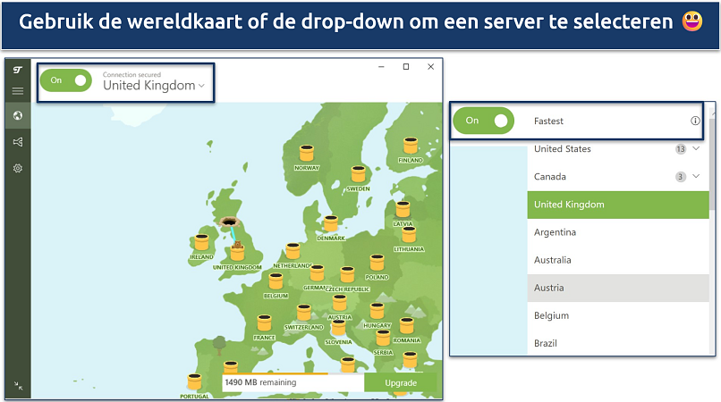 Screenshot of TunnelBear's free Windows VPN app showing server map and drop-down list