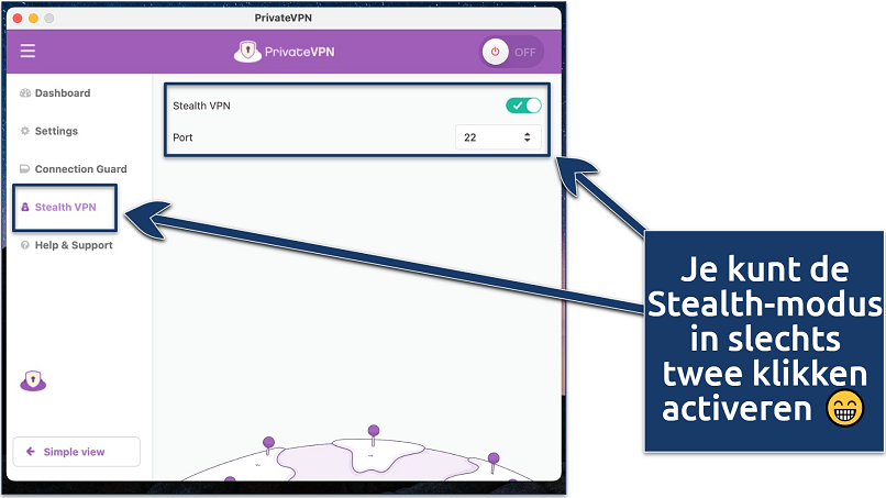 Screenshot of PrivateVPN's macOS app with Stealth VPN settings enabled