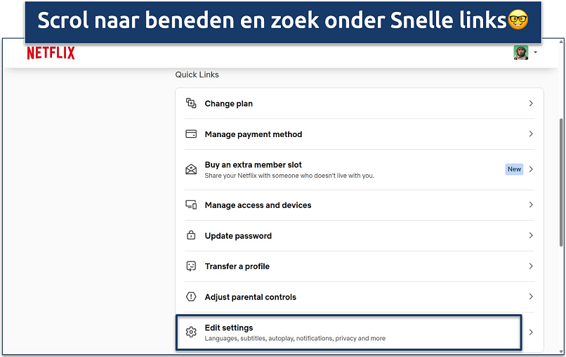 Screenshot of the Netflix Account settings interface showing the Quick Links options