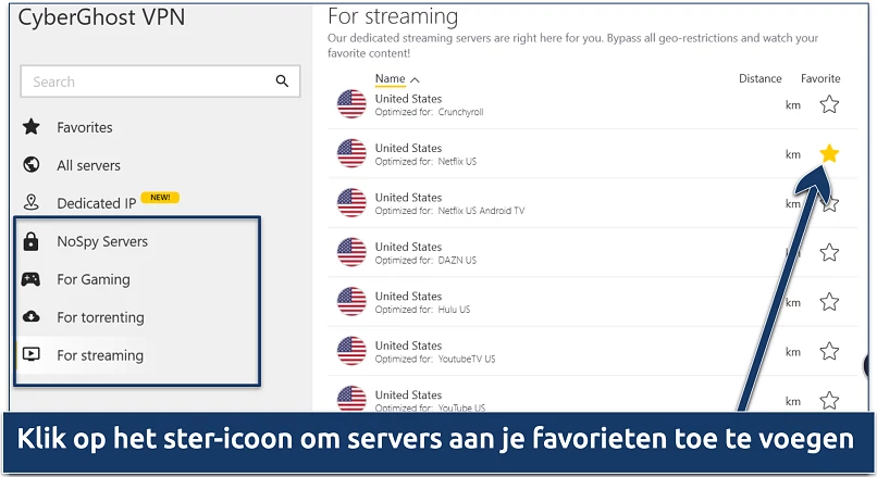 Screenshot of CyberGhost's list of specialized servers