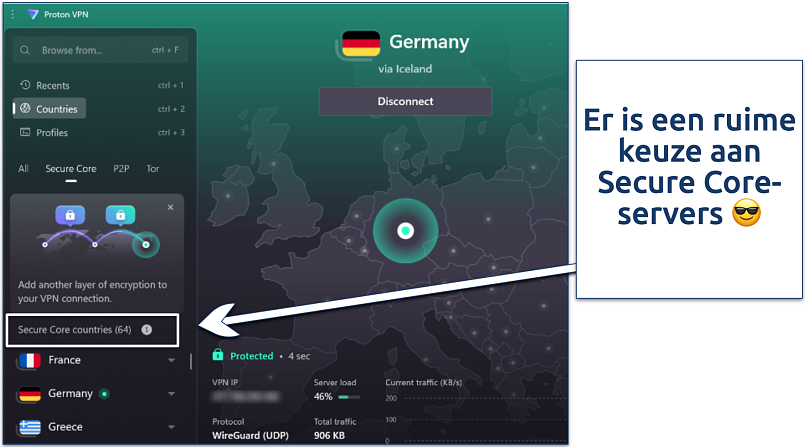 Screenshot of Proton VPN Windows app dashboard showing Secure Core servers